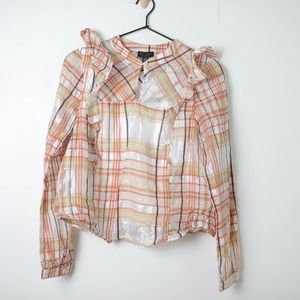 Anthropologie Current Air Plaid Ruffled Long Sleeve Silk Blend Blouse Size XS